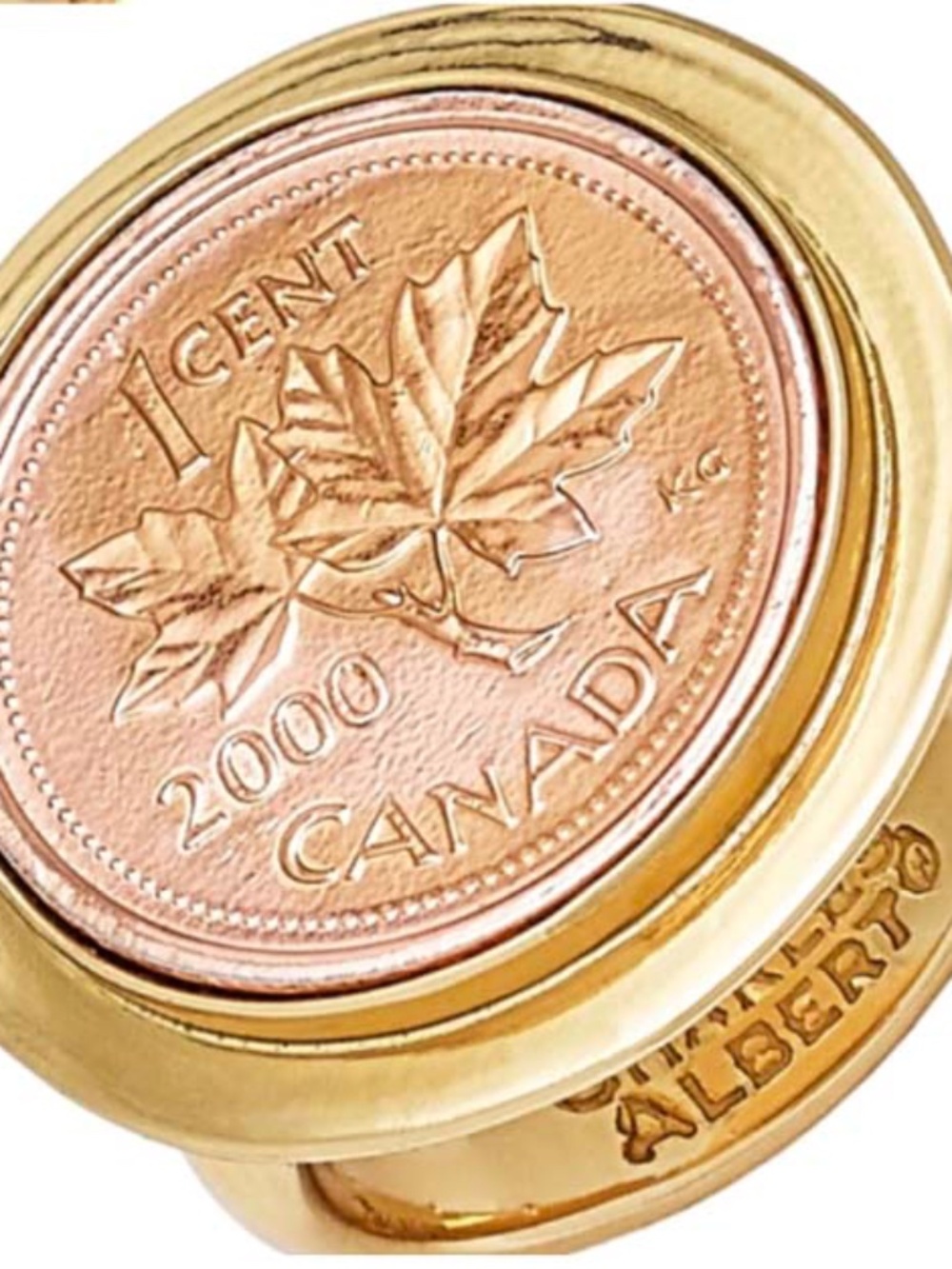 RING GENUINE CANADIAN PENNY, ON GOLD-TONE METAL AND ADJUSTABLE SHANK, by CHARLES